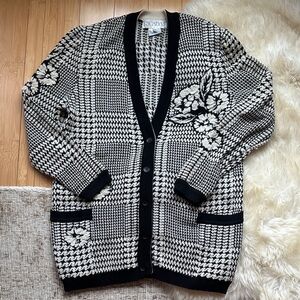 Vintage Escada Black and Cream Floral 100% Cotton Cardigan